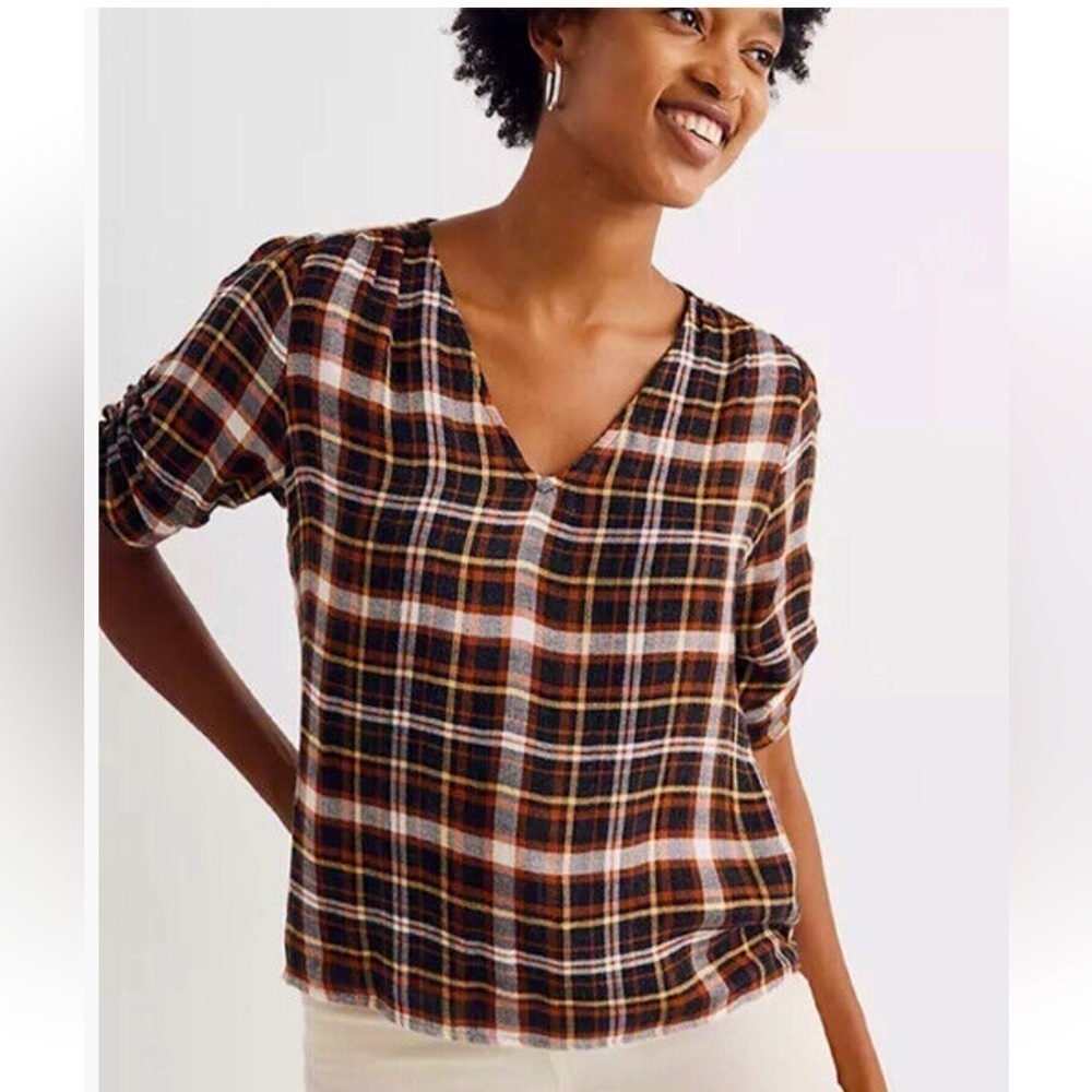 Madewell Brown/Orange/Black Plaid Pullover / V-Neck / Tied Sleeve / Small